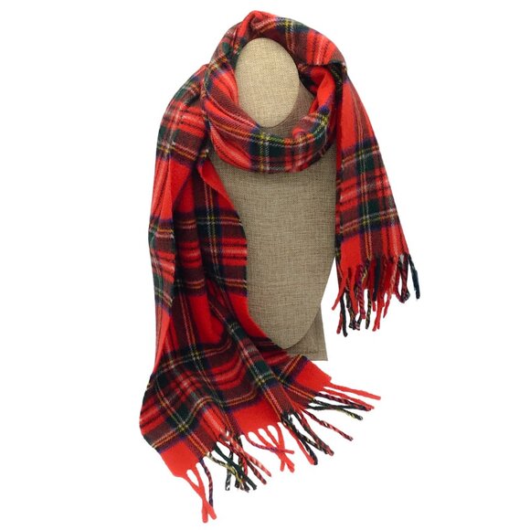 BURBERRY RED FRINGED PLAID LAMBSWOOL SCARF - Picture 1 of 4